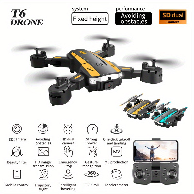 T6 Aerial Drone With HD Dual Camera, Intelligent Obstacle Avoidance, Foldable Quadcopter
